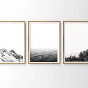 Black and White Nature Print Set of 3 , Landscape Wall Art , Modern Minimalist Print , Mountain Print , Forest Print , Ocean Print-s136