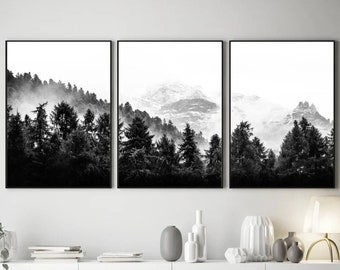 Mountain Print Set of 3 , Black and White Nature Wall Art , Forest Wall Art , Landscape Wall Art , Forest Print,Gallery Wall Art Prints-s142