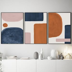 Abstract Shapes Print Set of 3 , Burnt Orange Blue Blush Pink Abstract Wall Art , Mid Century Wall  Art , Gallery Wall Art Prints-s95
