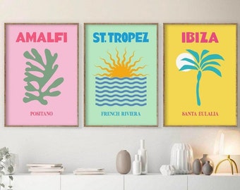 Retro Travel Print Set of 3 , Summer Travel Wall Art , Colorful Posters,St Tropez Print,Ibiza Print,Amalfi Print,Gallery Wall Art Prints-s93