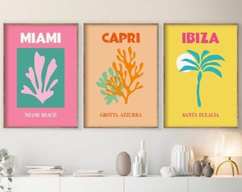 Retro Travel Print Set of 3 , Summer Travel Wall Art , Colorful Posters , Miami Print , Ibiza Print ,Capri Print,Gallery Wall Art Prints-s92
