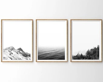 Black and White Nature Print Set of 3 , Landscape Wall Art , Modern Minimalist Print , Mountain Print , Forest Print , Ocean Print-s136