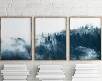 May include: Three framed prints of a misty forest scene in shades of blue. The prints are arranged horizontally, with the leftmost print showing a distant view of the forest, the middle print showing a closer view of the trees, and the rightmost print showing a view of the forest from a higher vantage point.