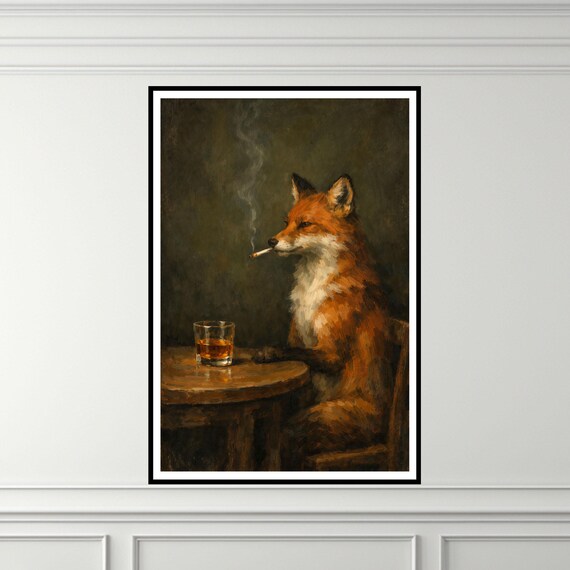 fox with cigarette Fox Smoking Whiskey Art Print, Vintage Oil Painting Style Wall Art, Dark  Moody Animal Poster, Bar Decor, Man Cave, Instant Download Print