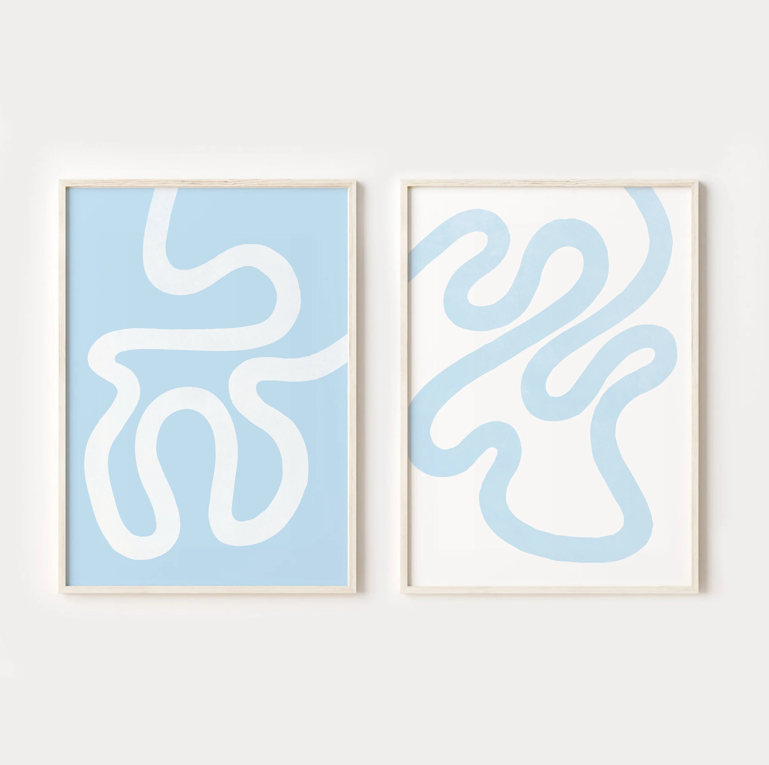 Light Blue and White Abstract Print Set of 2, Abstract Line Art ...