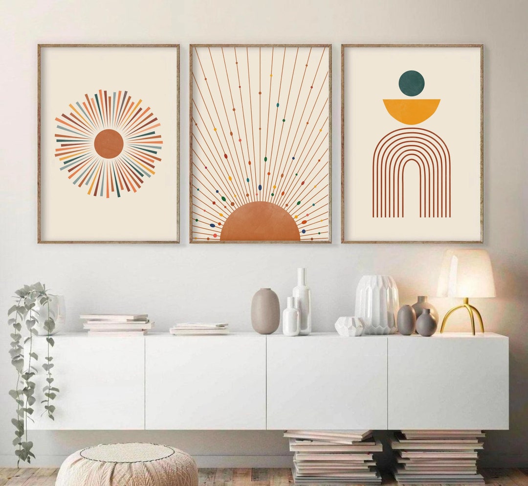 Abstract Boho Art Prints Set of 3, Mid Century Modern Art, Sun Wall Art ...