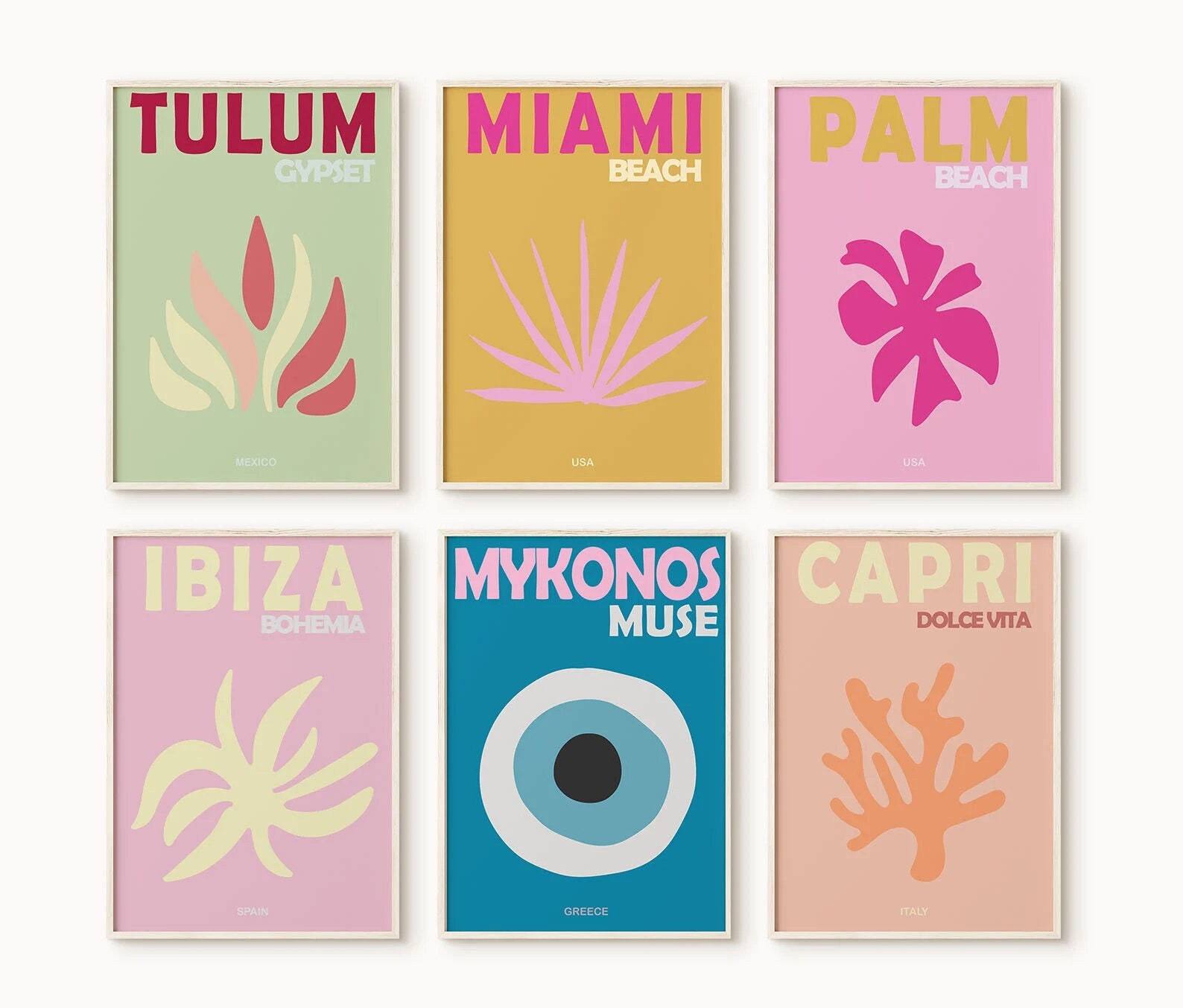 Set of 6 Retro Travel Famous Places Prints , Mykonos Ibiza Tulum