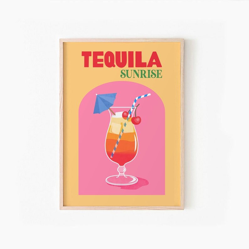May include: A retro-style illustration of a Tequila Sunrise cocktail. The drink is in a tall glass with a cherry and a blue umbrella. The text "TEQUILA SUNRISE" is at the top of the image.