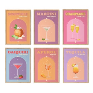 Retro Cocktail Print Set van 6, Bar Cart Wall Art, Kleurrijke Cocktail Posters, Gallery Wall Set, Bar Cart Decor, Retro Wall Art-s178