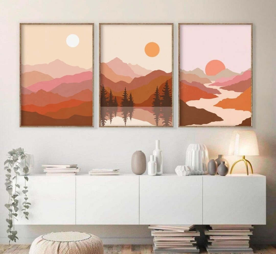 Abstract Mountain Print Set of 3 , Mid Century Wall Art , Boho Print ...