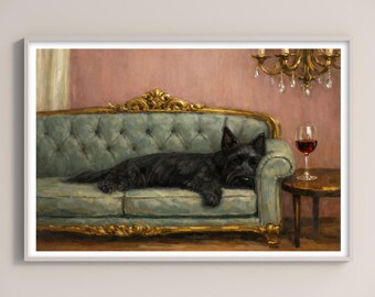 May include: A framed painting depicts a black dog lounging on a teal sofa with gold trim. A glass of red wine sits on a small table. The background features a pink wall and a chandelier.