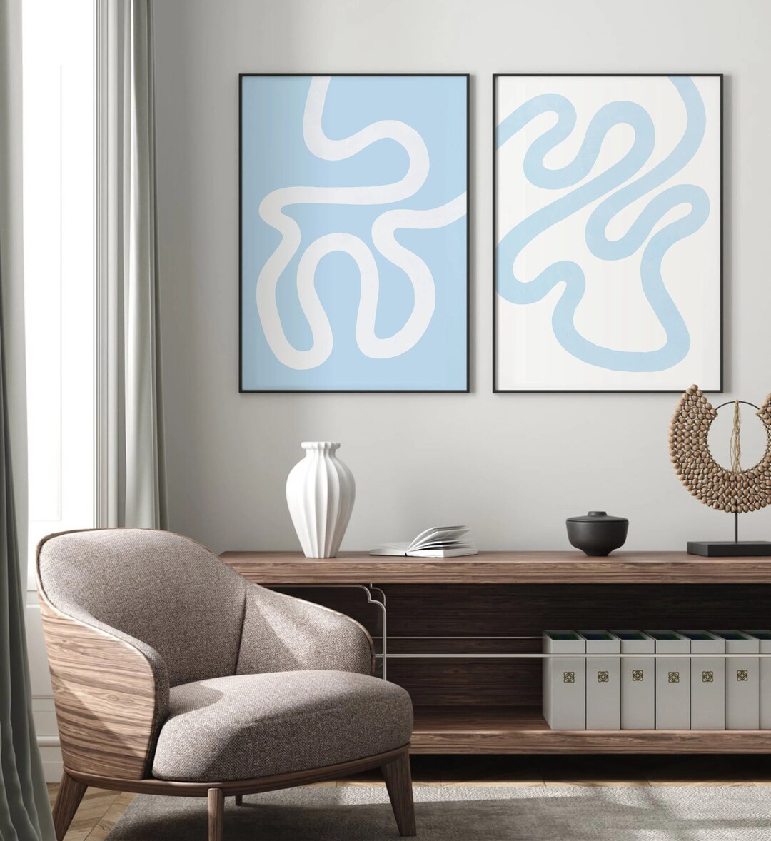 Light Blue and White Abstract Print Set of 2, Abstract Line Art ...