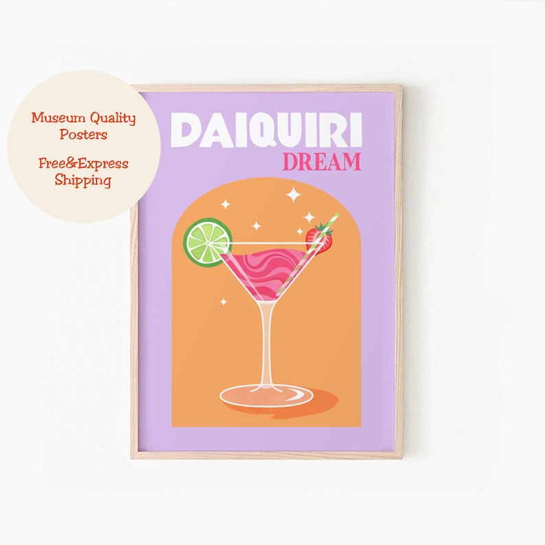 May include: A retro-style poster with a purple background and a peach-colored arch. The arch features a martini glass filled with a pink drink, a lime wedge, a strawberry, and a straw. The text "DAIQUIRI DREAM" is in white letters at the top of the poster.