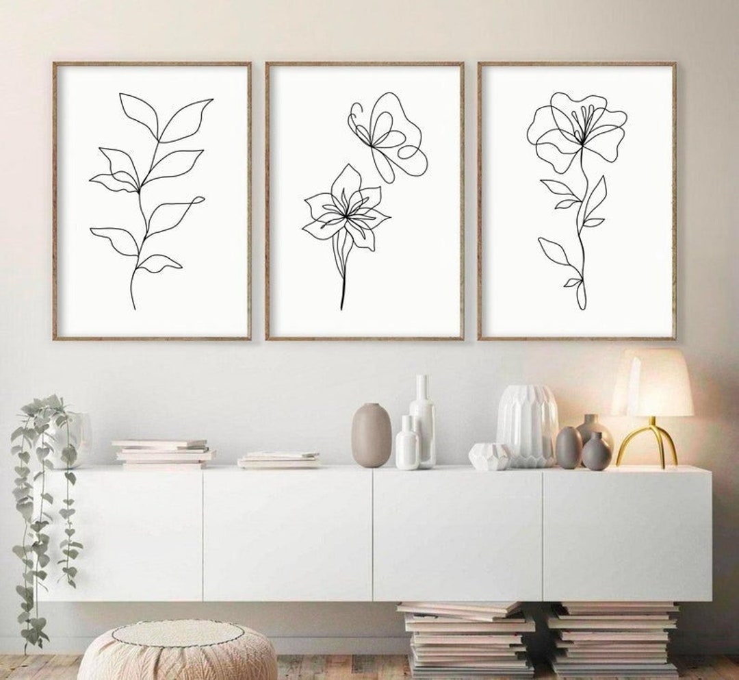 Floral Line Art Print Set of 3 , Flower Line Drawing , Floral Wall Art ...