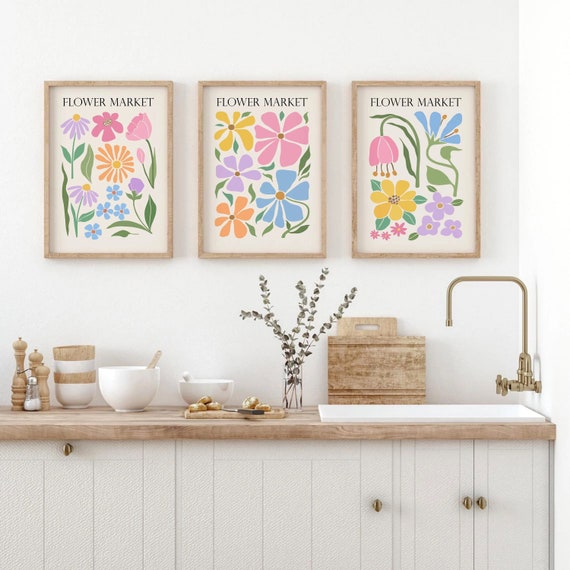 Flower Market Print Set of 3, Abstract Flowers Wall Art, Pastel