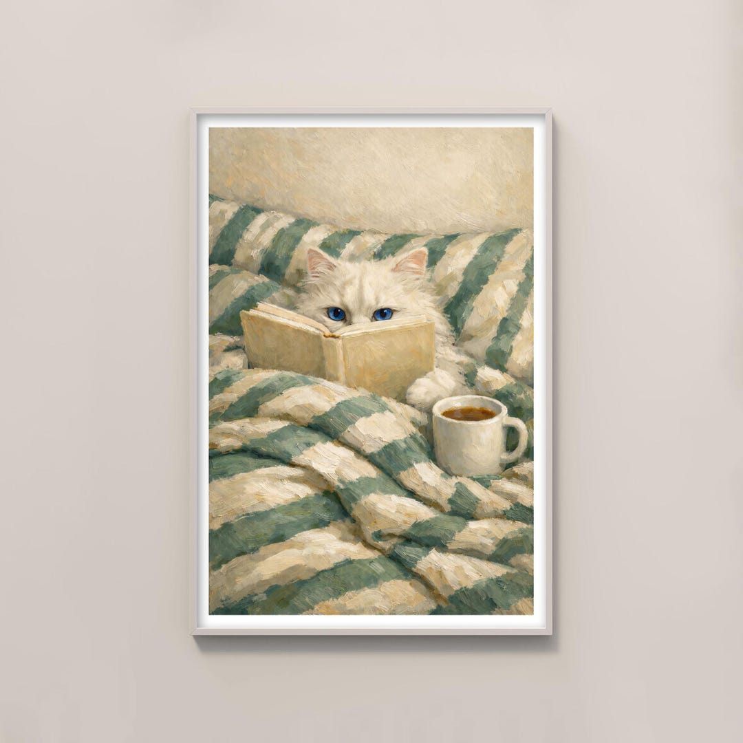 Persian Cat Reading Book Art Print, Cozy Bedroom Oil Painting Wall Art ...