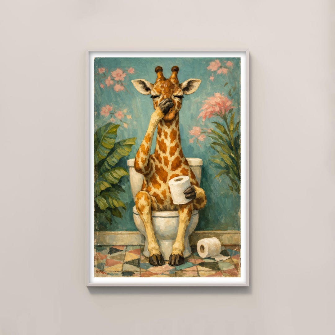 Funny Giraffe on Toilet Art, Giraffe Holding Nose Bathroom Poster ...