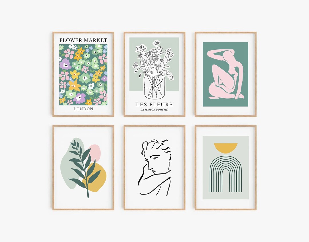 Gallery Wall Set, Abstract Print Set of 6 , Sage Green Mustard Pink ...