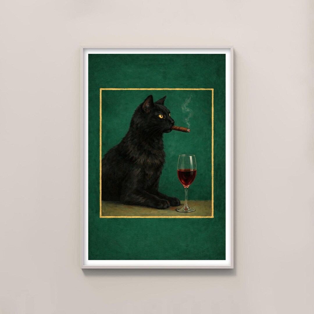 Black Cat Cigar Wine Art Print, Vintage Oil Painting Wall Art, Dark ...