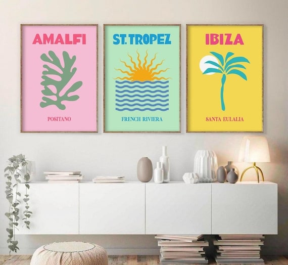 Retro Travel Print Set of 3 , Summer Travel Wall Art , Colorful
