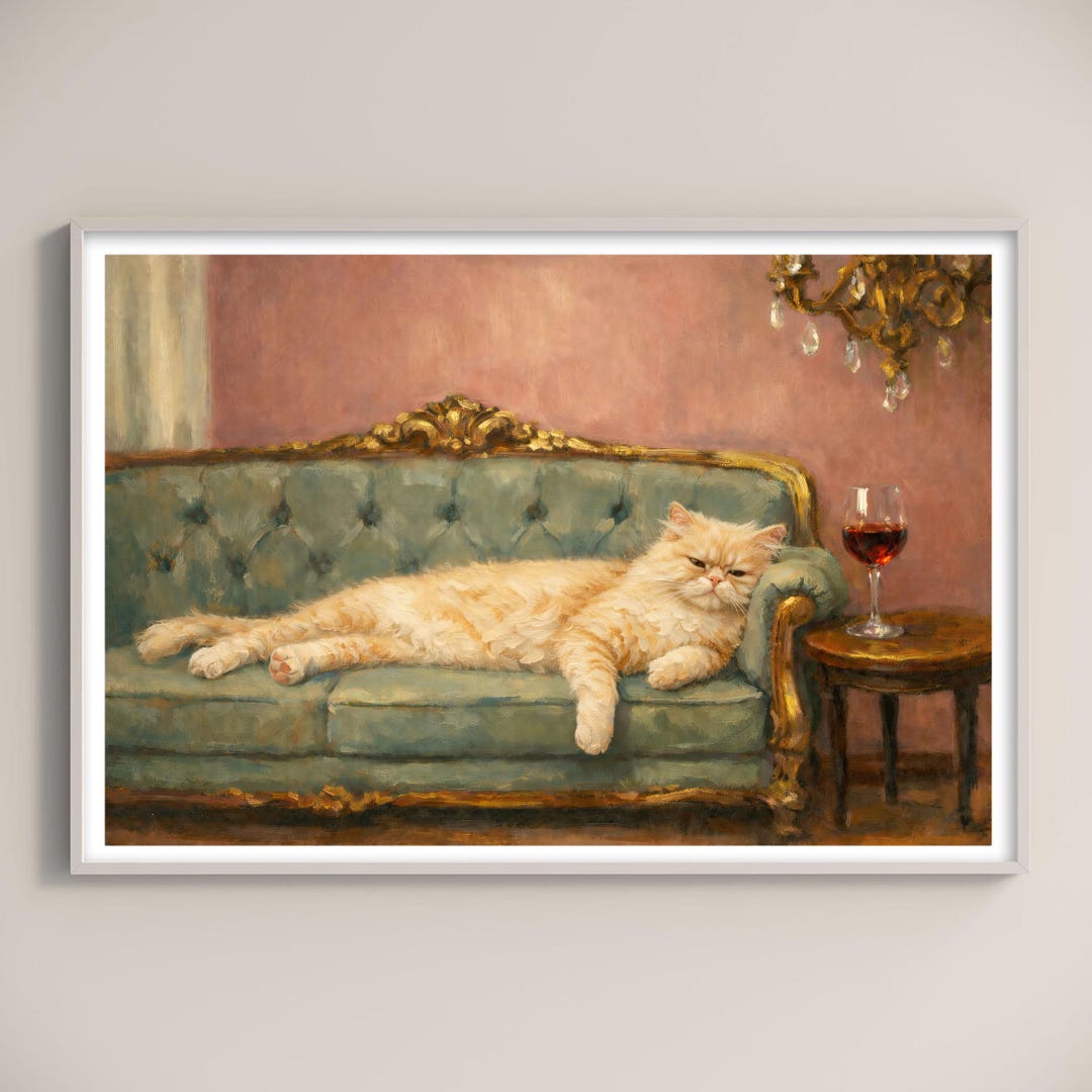 Persian Cat Wine Lounge Art Print, Vintage Oil Painting Wall Art ...