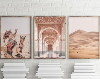 Moroccan Print , Boho Wall Art Print Set of 3 , Triptych Camel Print , Desert Print , Moroccan Wall Art , Gallery Wall Art Prints-s117