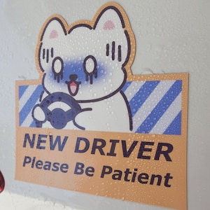 May include: A rectangular car decal featuring a white cartoon cat with a blue face, holding a steering wheel. The background has blue and white diagonal stripes. The text reads NEW DRIVER Please Be Patient in dark blue capital and lowercase letters.