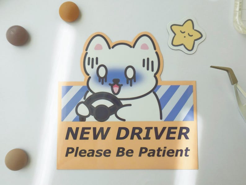 May include: A rectangular sticker featuring a white cartoon dog with a blue stressed expression holding a black steering wheel. The background has blue diagonal stripes. Below, the text reads NEW DRIVER Please Be Patient in black font.