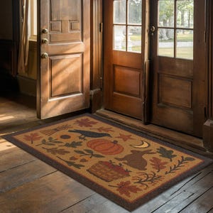 May include: A rectangular doormat with a brown border and a tan centre featuring autumn-themed illustrations. The design includes a pumpkin, crow, basket, leaves, and a rabbit. The mat is placed in front of a wooden door.