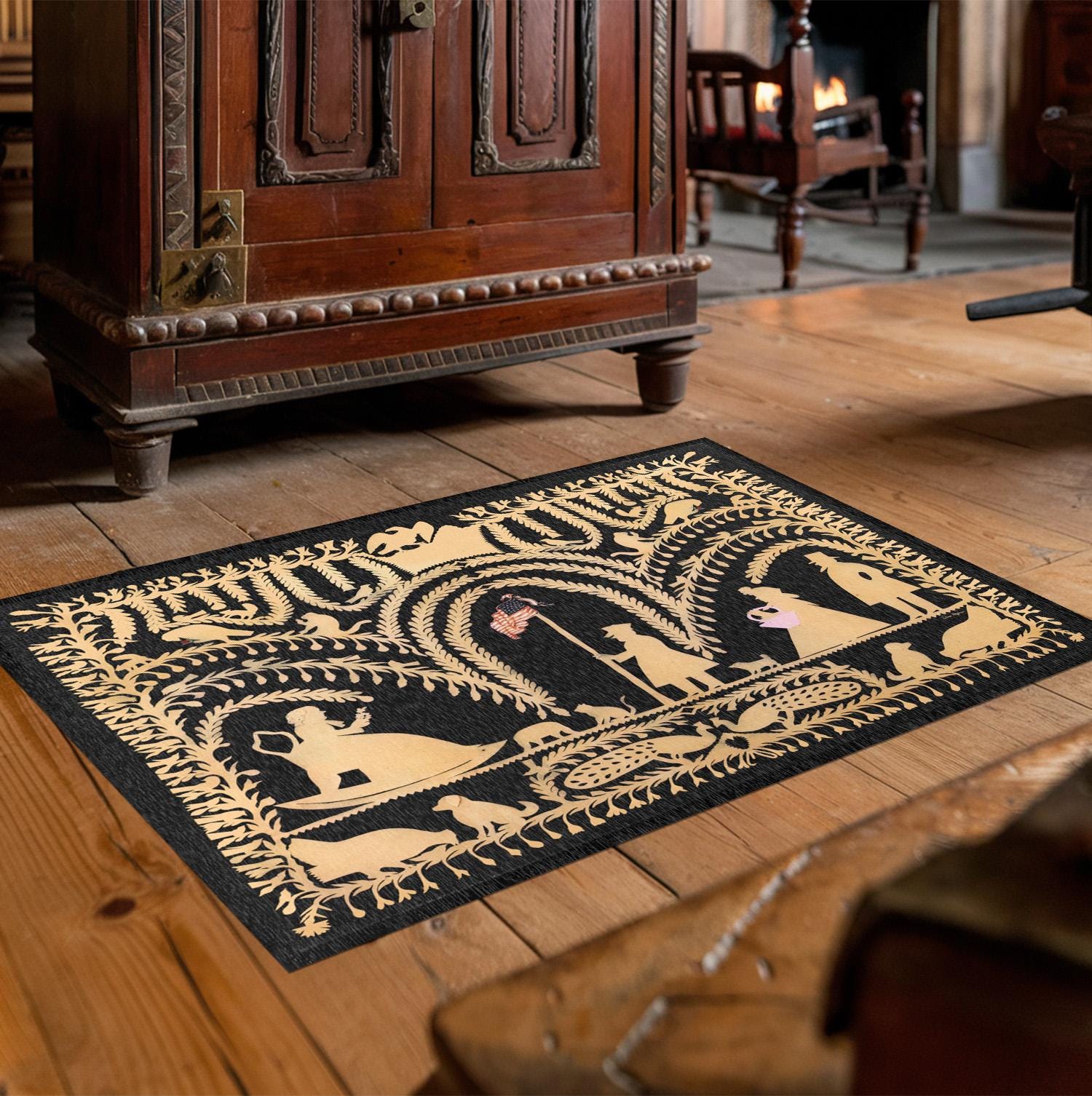 German Traditional Rug Traditional German American Black Cutwork Rug - 19th Century Folk Art ...