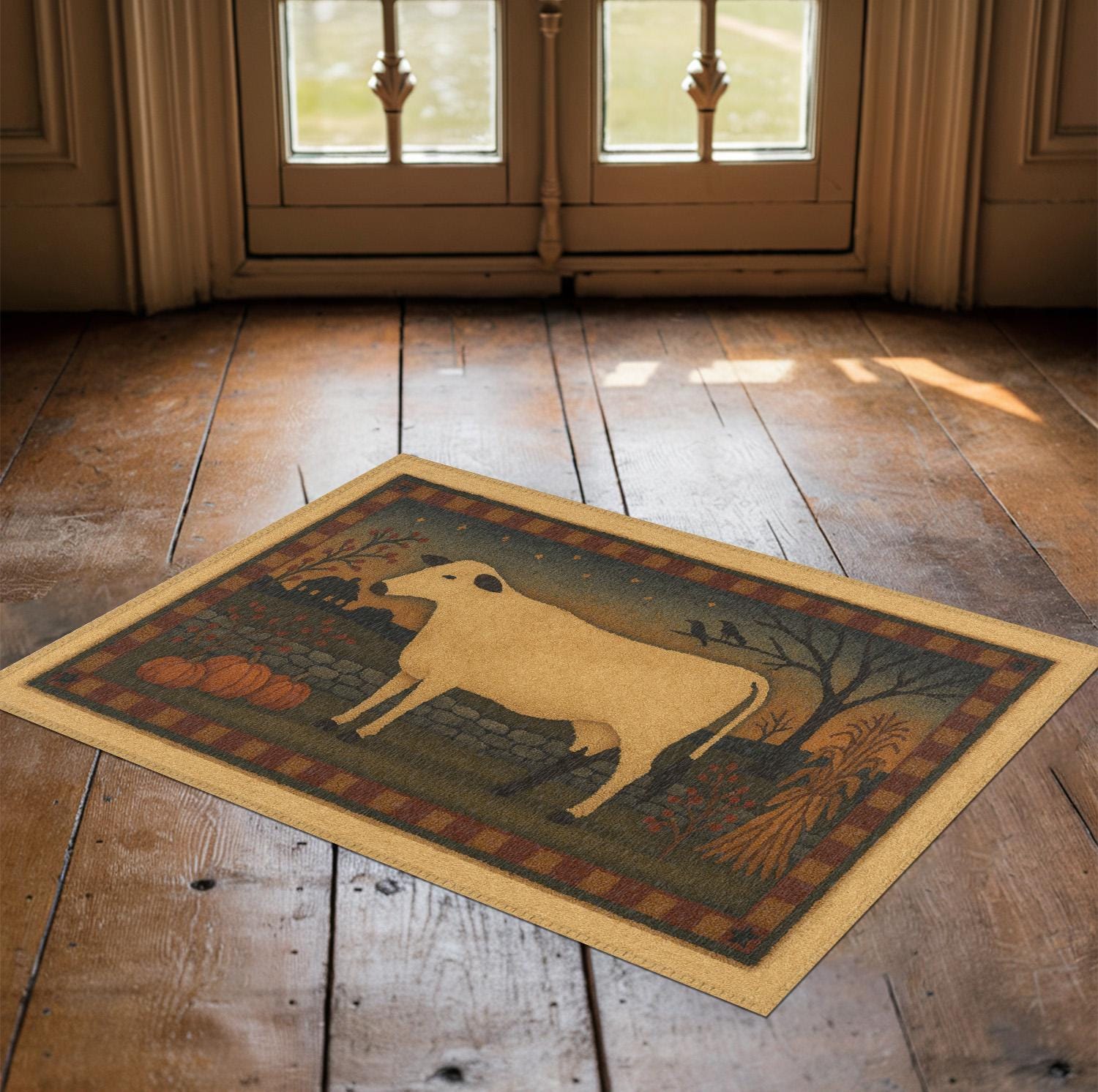 Primitive Country Throw Rugs Autumn Pasture Cow Rug - Colonial Primitive, Early American, Fall Folk ...