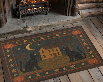 Colonial Halloween Black Cat Rug - Primitive Decor, Folk Art Rug, Rustic Fall, Farmhouse Decor, Early American Mat, Saltbox House, Vintage