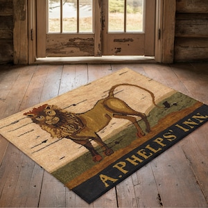 Handcrafted Tavern Inn Folk Art Floor Rug - Colonial America Inspired, Primitive Accent, Farmhouse Art, Home Decor, Early American, Heirloom