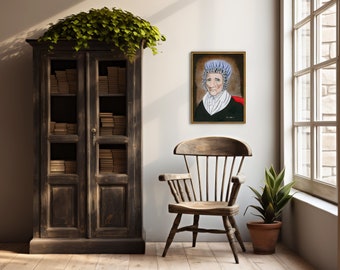 Vroege Amerikaanse vrouw in motorkap portret, olieverfschilderij, volkskunst foto, primitieve muurkunst, koloniale print, canvas, vintage decor
