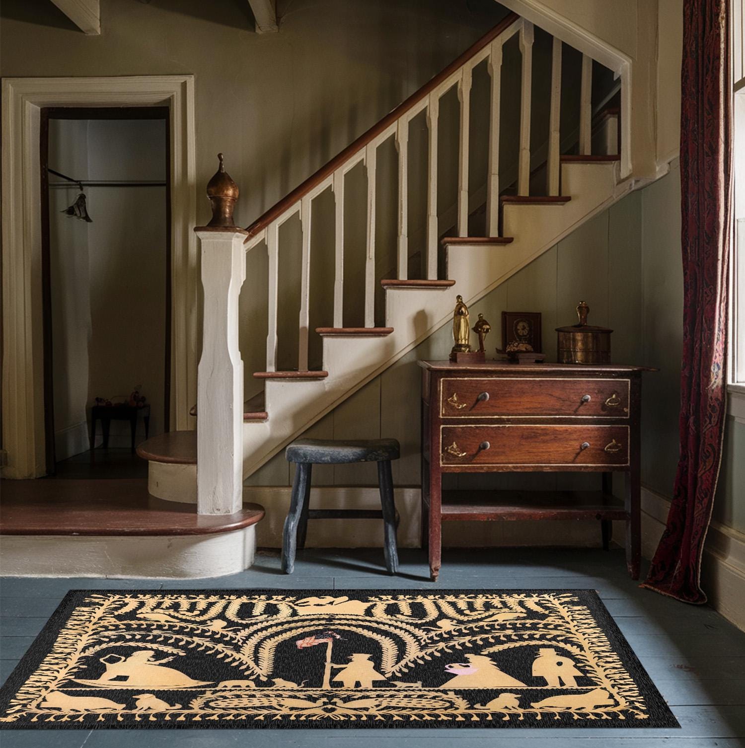 German Traditional Rug Traditional German American Black Cutwork Rug - 19th Century Folk Art ...