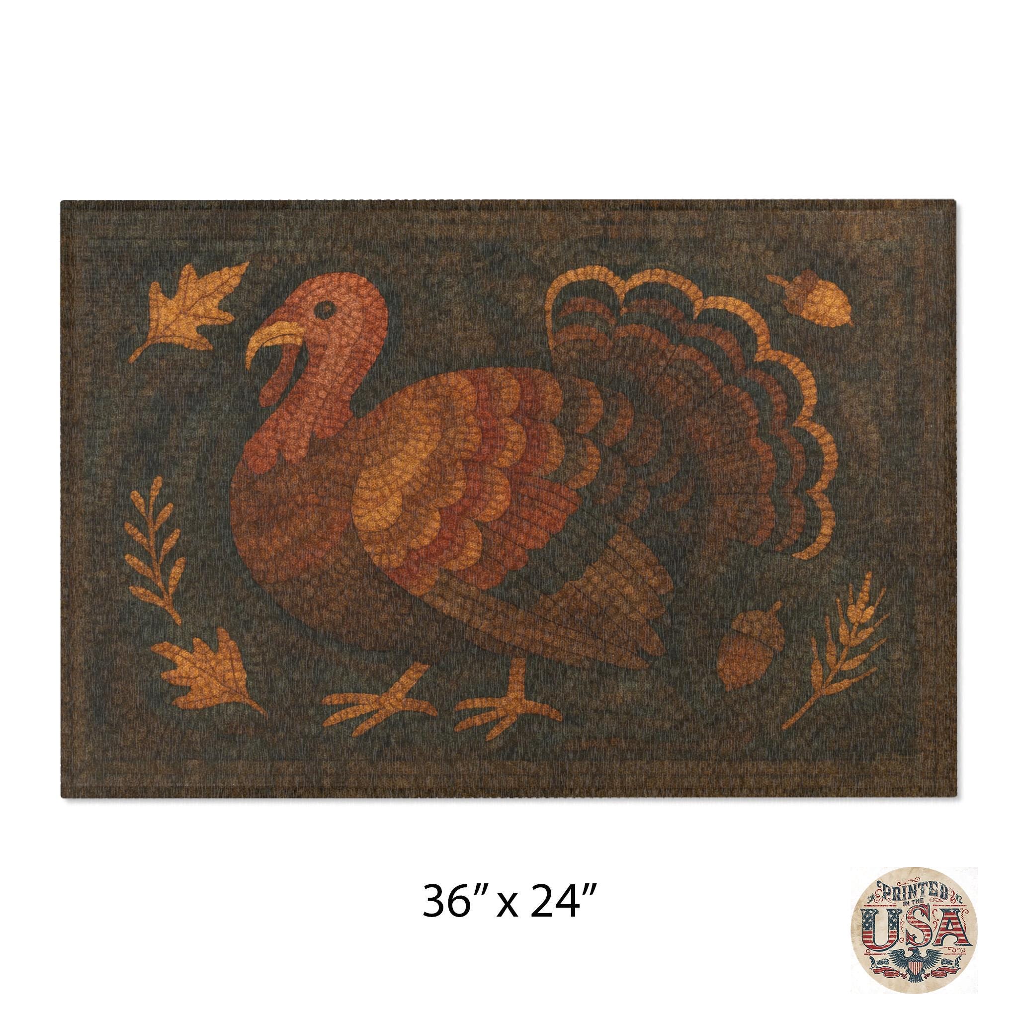 Turkey Cow Rug Primitive Thanksgiving Turkey Rug - Colonial Folk Art for Autumn ...