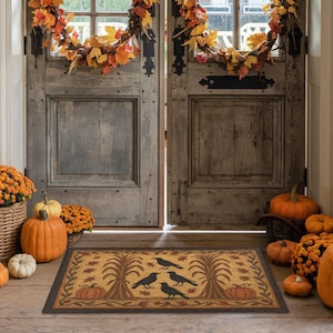 Primitive Fall Crow and Cornstalk Rug - Autumn Leaves,  Country Decor, Colonial Floor Mat, Early American, Vintage Folk Art, Farmhouse Decor