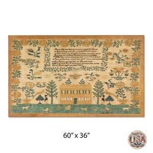 May include: A vintage needlepoint sampler with a poem and a house design. The sampler is framed with a brown border and features a variety of colors, including yellow, green, and red. The poem reads: "I have put my heart into this work, And hope it will be a pleasure to look at. With my fingers I have made this, And wish it may be a little prize to some. A little gift from my hand, And with a prayer for favor and success. Your loving daughter, Sarah. December 1827."