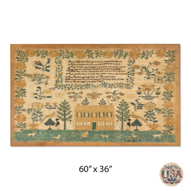 May include: A vintage needlepoint sampler with a poem and a house design. The sampler is framed with a brown border and features a variety of colors, including yellow, green, and red. The poem reads: "I have put my heart into this work, And hope it will be a pleasure to look at. With my fingers I have made this, And wish it may be a little prize to some. A little gift from my hand, And with a prayer for favor and success. Your loving daughter, Sarah. December 1827."