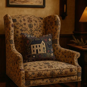 Puede incluir: Un sillón con respaldo alado estampado con un cojín decorativo. La silla presenta un estampado floral beige con detalles oscuros. El cojín tiene un diseño de casa con estrellas, flores y un pájaro. La habitación tiene un ambiente cálido y acogedor.