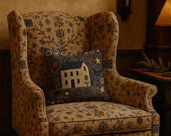 Geweven sierkussen primitief huis - volkskunst kraai en tulpen, rand tapijt, Americana boerderijkussen, koloniaal decor, land