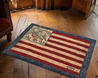 Handmade Patriotic Flag Folk Art Rug - Americana Home Decor, Primitive Design, Hooked Rug Look, July 4th Floor Mat, Colonial Style, Vintage