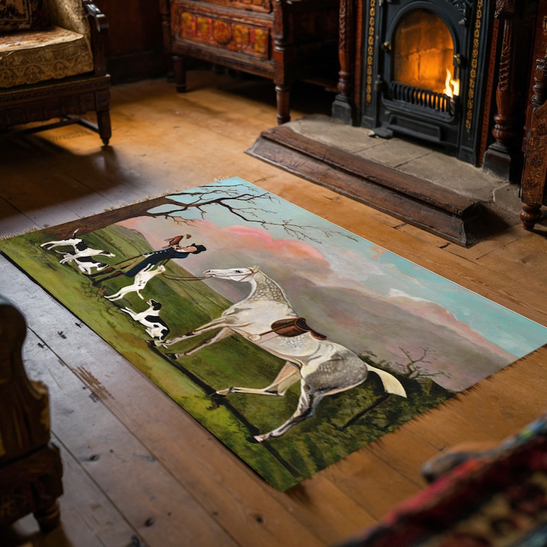 The Fox Hunt Floor Rug, Farmhouse Vintage Chic, Antique Decor, Handmade ...