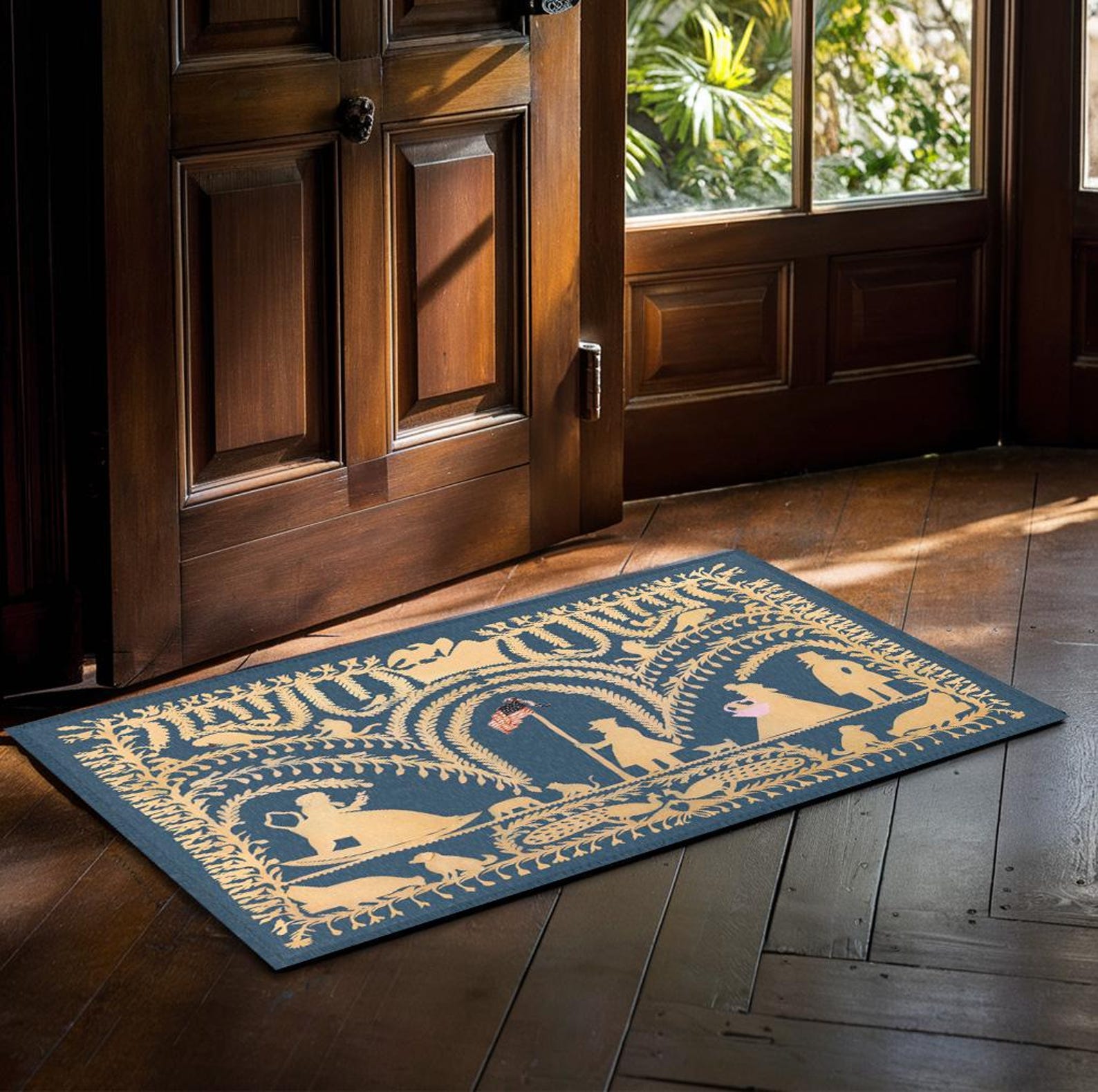German Traditional Rug Traditional German American Blue Gray Cutwork Rug - 19th Century Folk ...