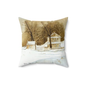 May include: A watercolor painting of a house with a white picket fence in a snowy landscape. The house is brown with white trim and windows. The trees are bare and the snow is white. The painting is signed "Dana Heffner".