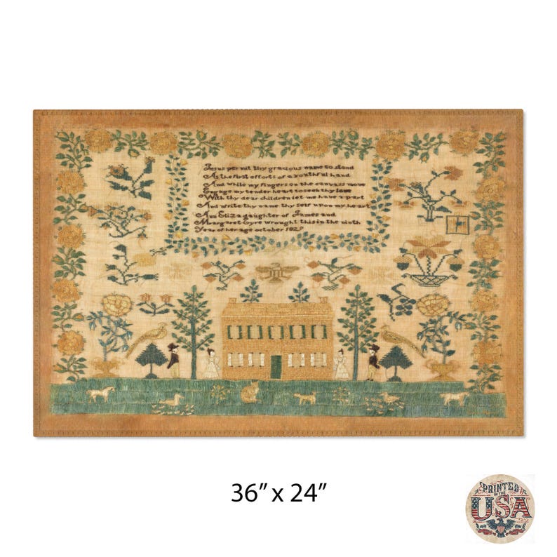 May include: A vintage sampler with a poem and a house design embroidered in colorful threads on a cream-colored background. The sampler is framed with a brown border and measures 36 inches by 24 inches.