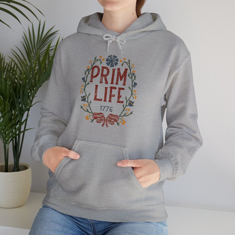 Prim Life Hooded Sweatshirt, Casual pullover top, Vintage-inspired, Graphic pullover, Antique sweater, Primitive apparel, Colonial hoodie image 3