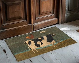Folk Art Chicken and Cow Floor Rug - Primitive Design, Farmhouse Art, Handmade Floor Mat, Antique Decor, Farm Animals, Country Chic Style