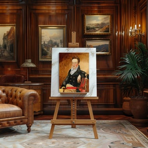 May include: A painting of a man in a dark suit and white cravat, sitting in a chair with a book in his hand. The painting is on an easel in a room with wood paneling and a leather armchair.
