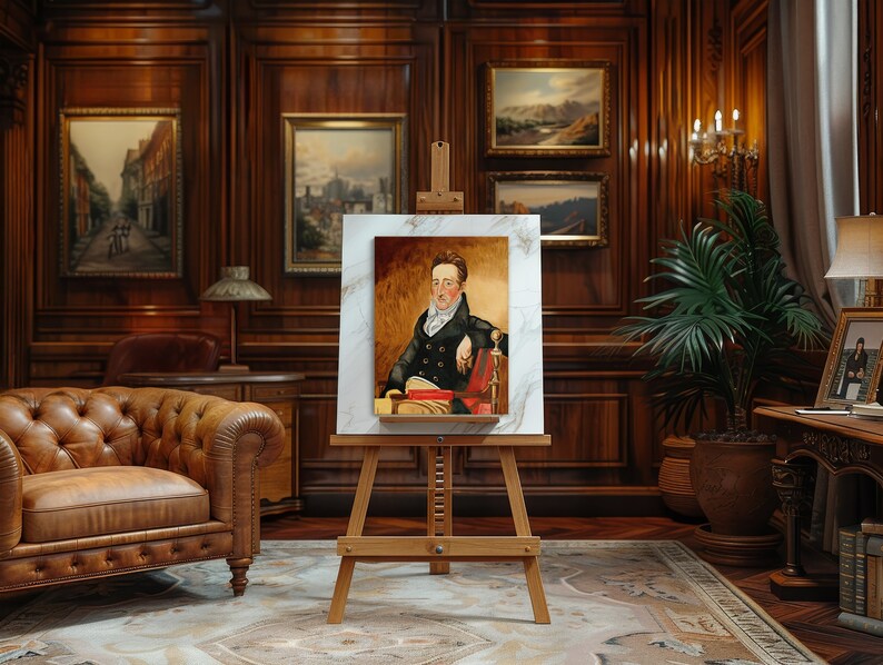 May include: A painting of a man in a dark suit and white cravat, sitting in a chair with a book in his hand. The painting is on an easel in a room with wood paneling and a leather armchair.